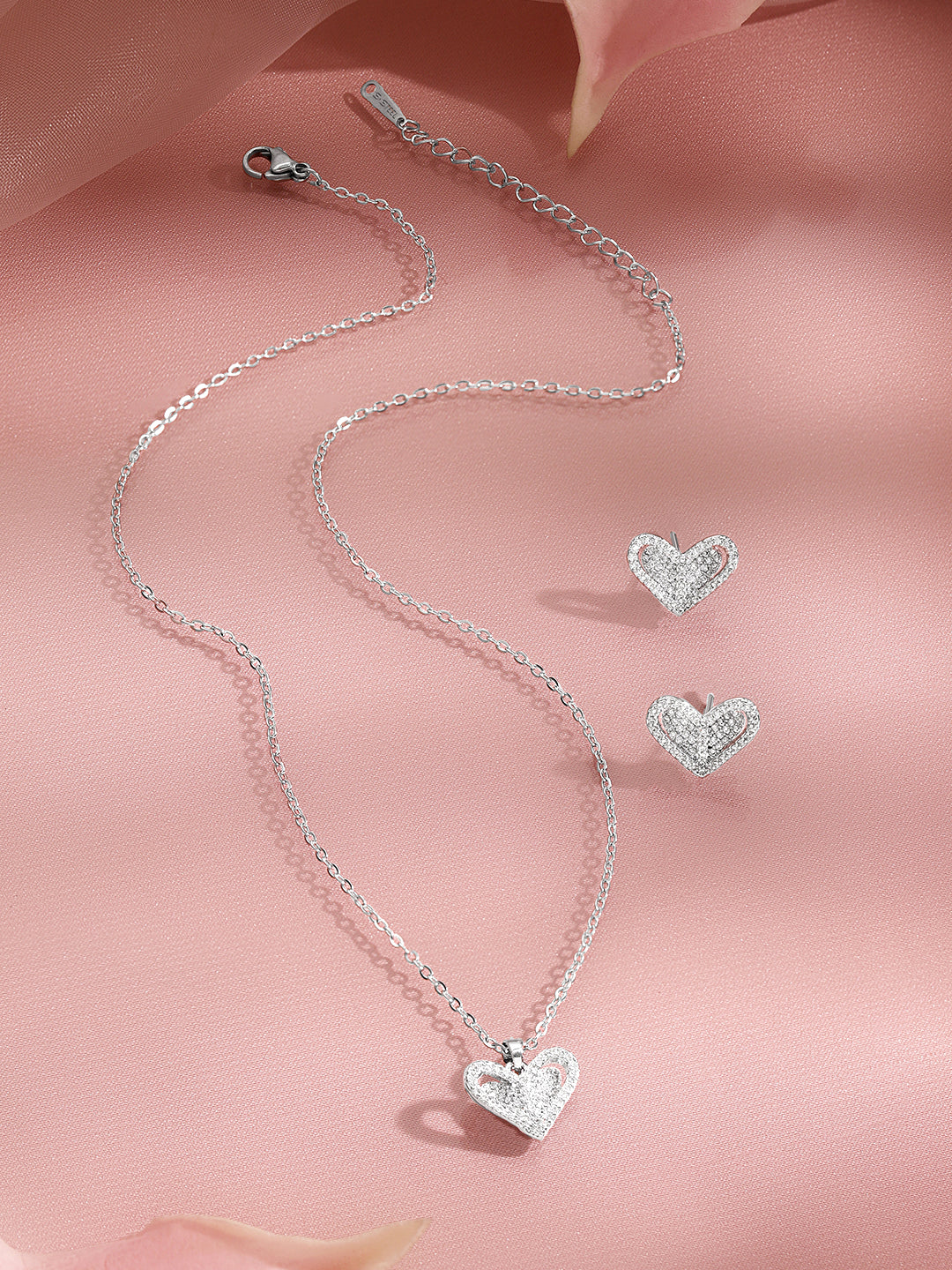 Crystal Diamond Heart Pendant Set Length - N-21 cm , E-1 cm