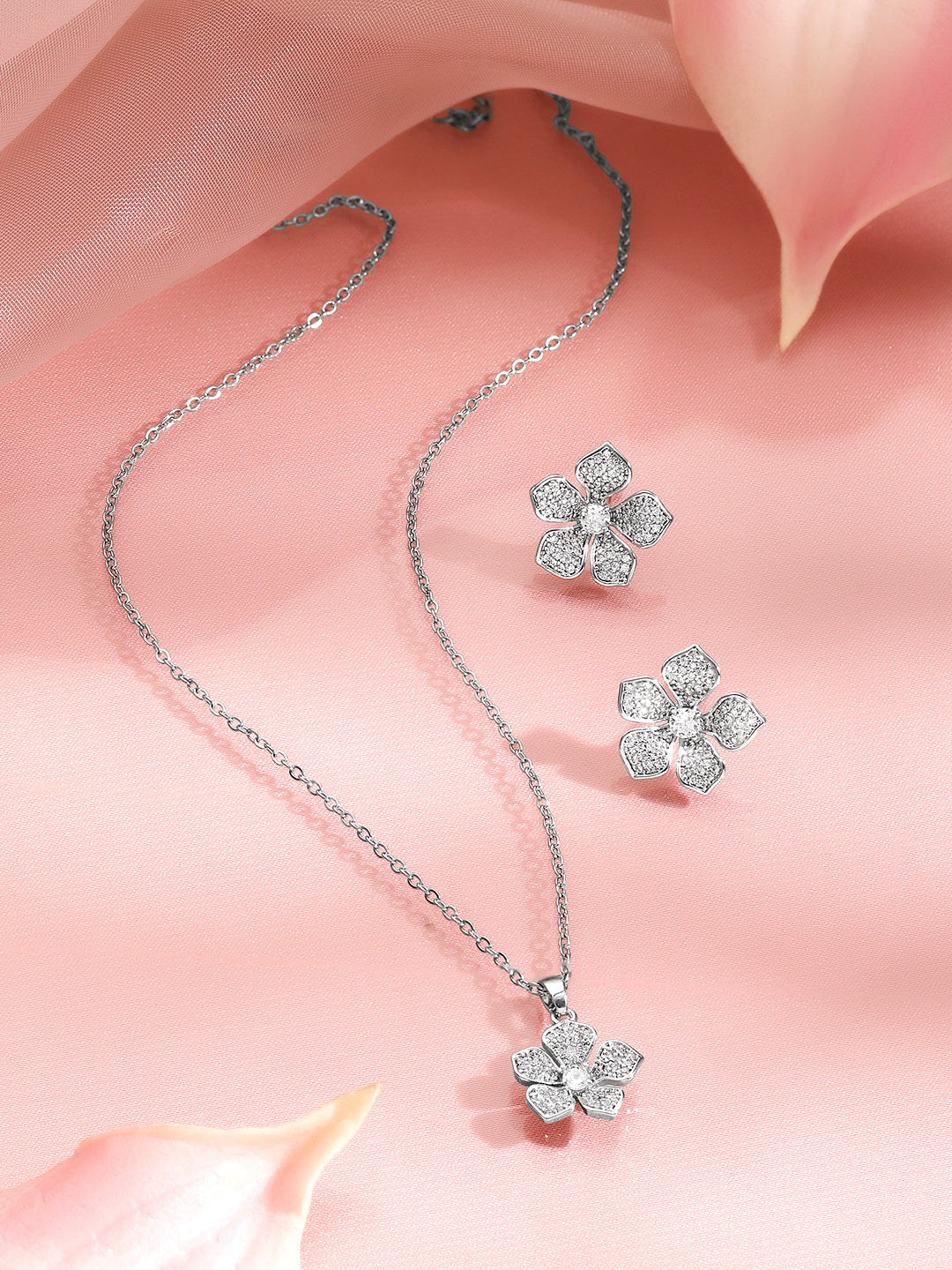 Crystal Diamond Floral Pendant Set Length - N-21cm , E-1.5cm