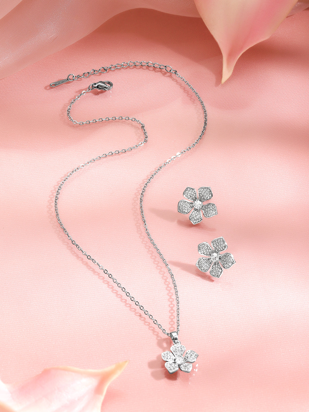 Crystal Diamond Floral Pendant Set Length - N-21cm , E-1.5cm