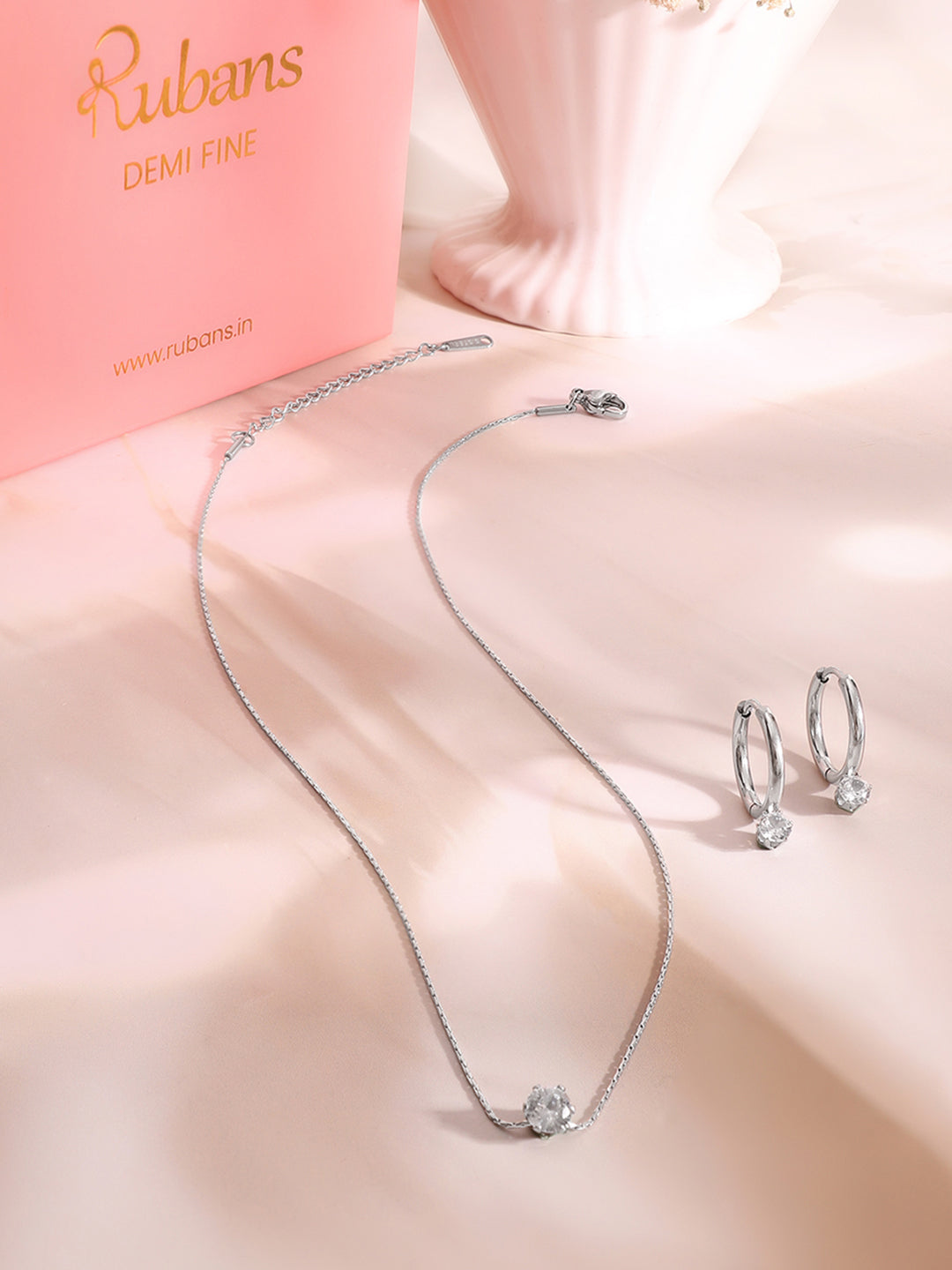 Demi Fine Rhodium Plated Stainless Steel Minimal Necklace Set Necklace Length - 45.5 cm