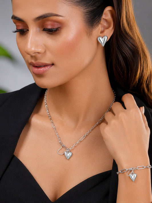 Demi Fine Rhodium Plated Stainless Steel Heart Charm Combo Set フリーサイズ