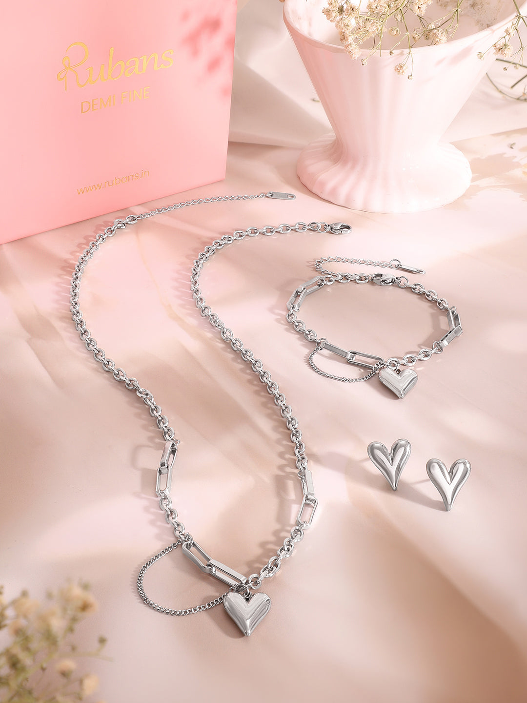 Demi Fine Rhodium Plated Stainless Steel Heart Charm Combo Set フリーサイズ
