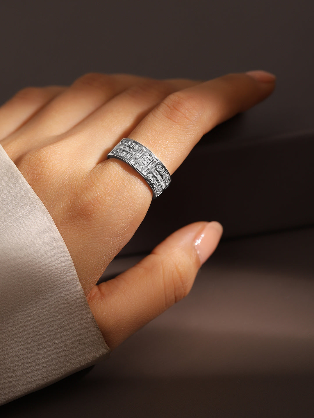 【Rubans】 Rhodium Plated Baguette & Pave Cubic Zirconia Adjustable Ring｜ロジウムメッキ バゲット＆パヴェ ジルコニア リング