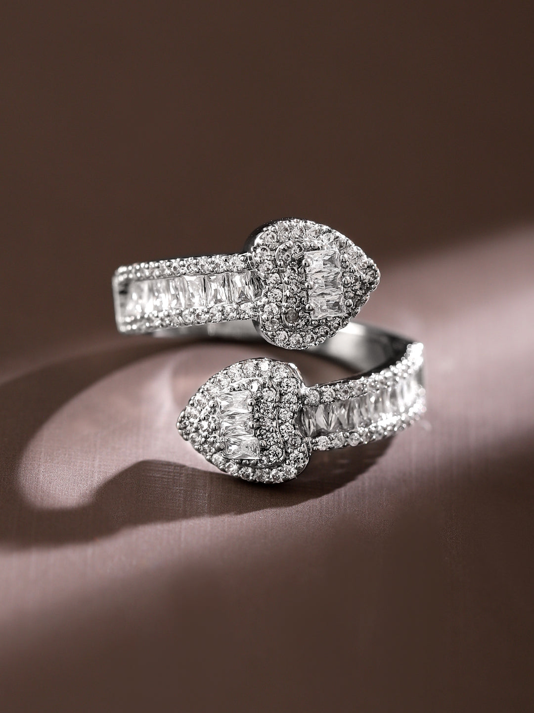 【Rubans】 Rhodium Plated Cubic Zirconia Studded Double Buckle Adjustable Ring｜ロジウムメッキ キュービックジルコニア ダブルバックル アジャスタブルリング