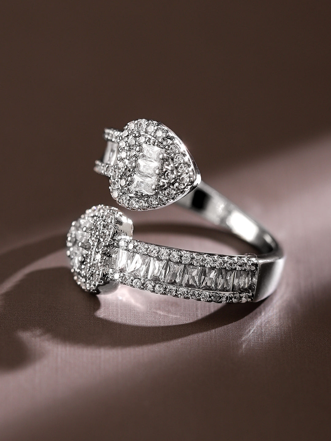 【Rubans】 Rhodium Plated Cubic Zirconia Studded Double Buckle Adjustable Ring｜ロジウムメッキ キュービックジルコニア ダブルバックル アジャスタブルリング