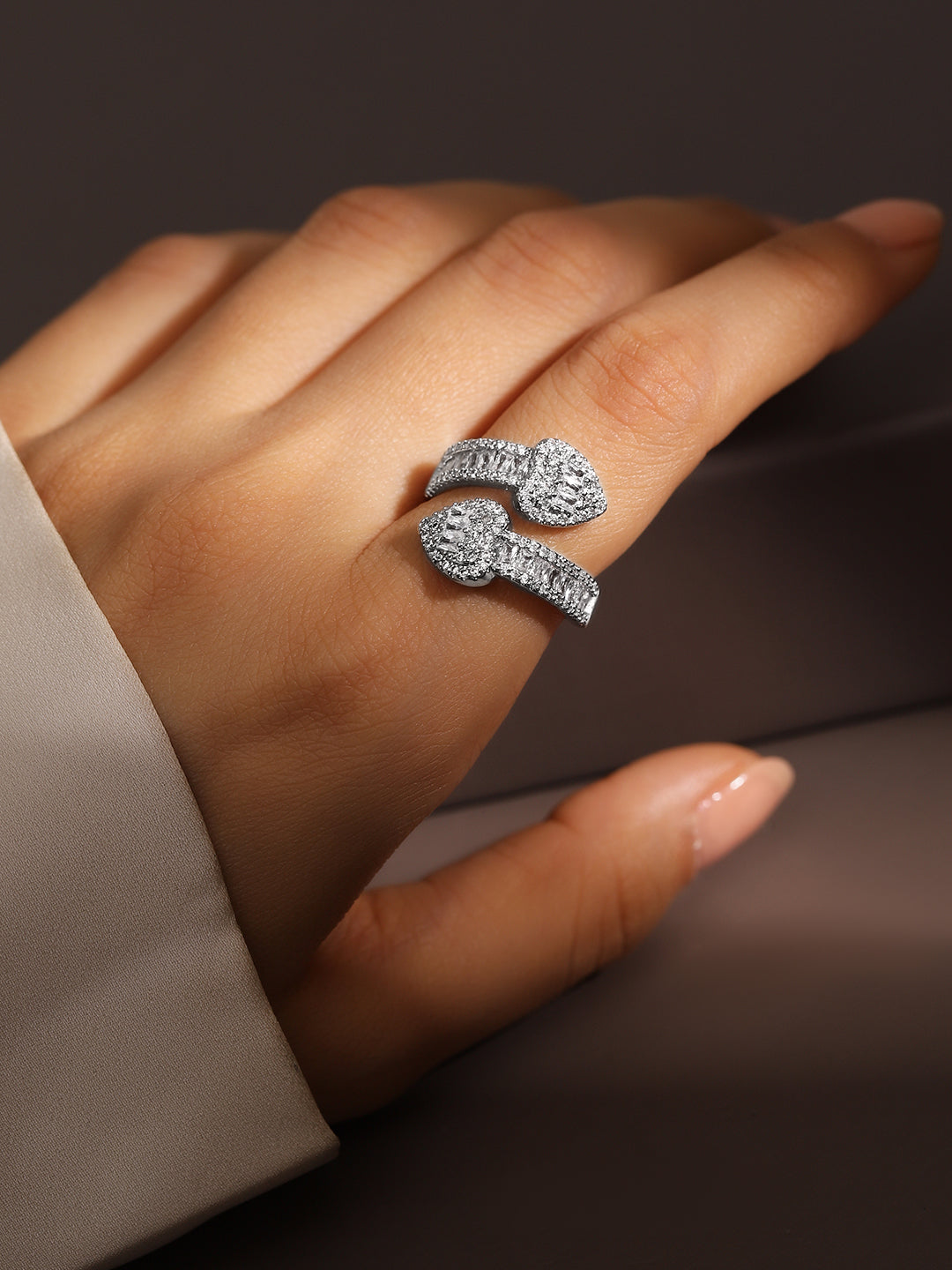 【Rubans】 Rhodium Plated Cubic Zirconia Studded Double Buckle Adjustable Ring｜ロジウムメッキ キュービックジルコニア ダブルバックル アジャスタブルリング
