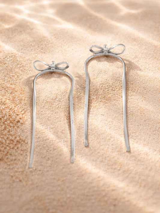 Demi Fine Rhodium Plated Stainless steel Bow Long Drop Dangler Earrings Length - 10.2 cm