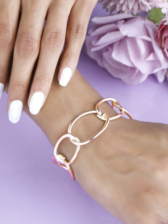 Rubans Rose Gold-Plated Chain Link Open Cuff Bracelet Modern Statement Jewelry フリーサイズ