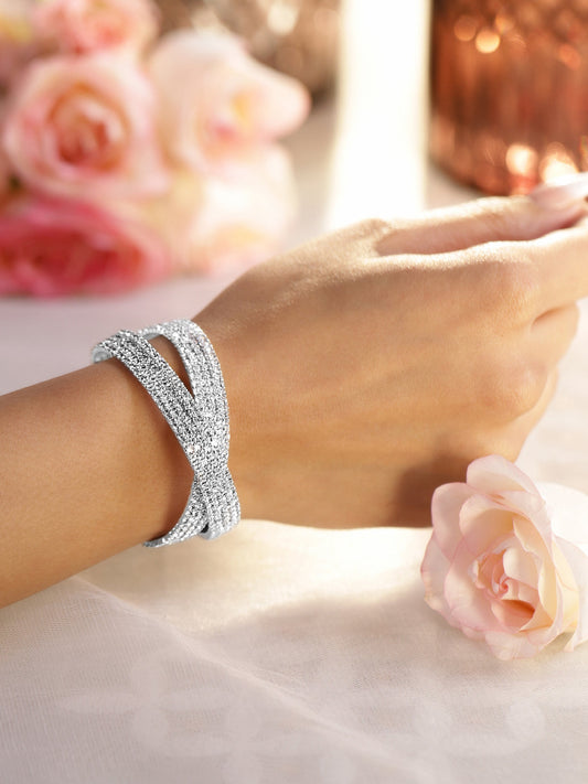 【Rubans】 Rhodium-Plated Crystals Stone Studded Cuff Bracelet｜ロジウムメッキ クリスタルストーン カフブレスレット｜シルバー