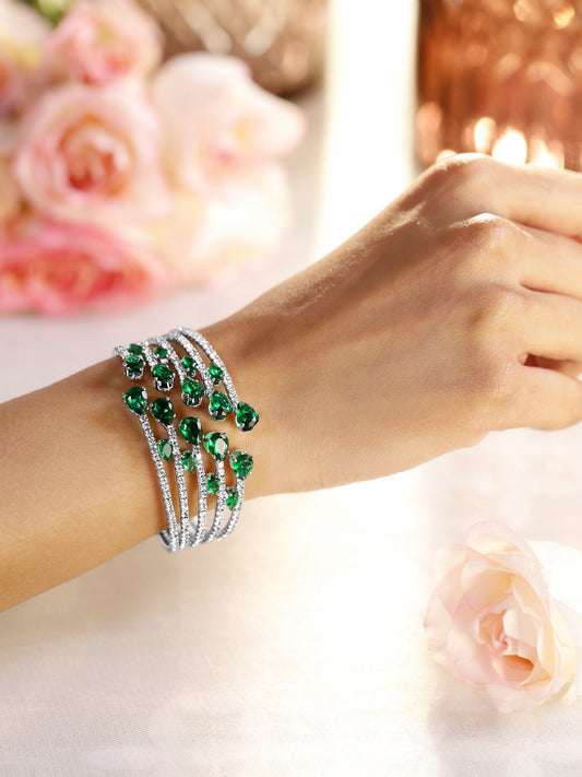 【Rubans】 American Diamond Zirconia Green Bracelet｜ロジウムメッキ グリーン アメリカンダイヤモンド ジルコニア カフブレスレット｜フリーサイズ