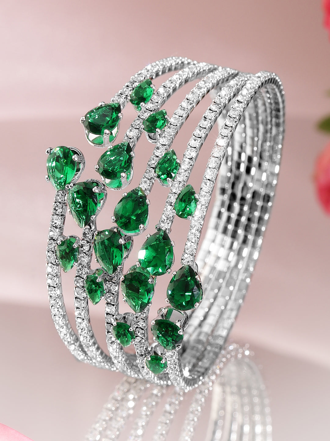 【Rubans】 American Diamond Zirconia Green Bracelet｜ロジウムメッキ グリーン アメリカンダイヤモンド ジルコニア カフブレスレット｜フリーサイズ