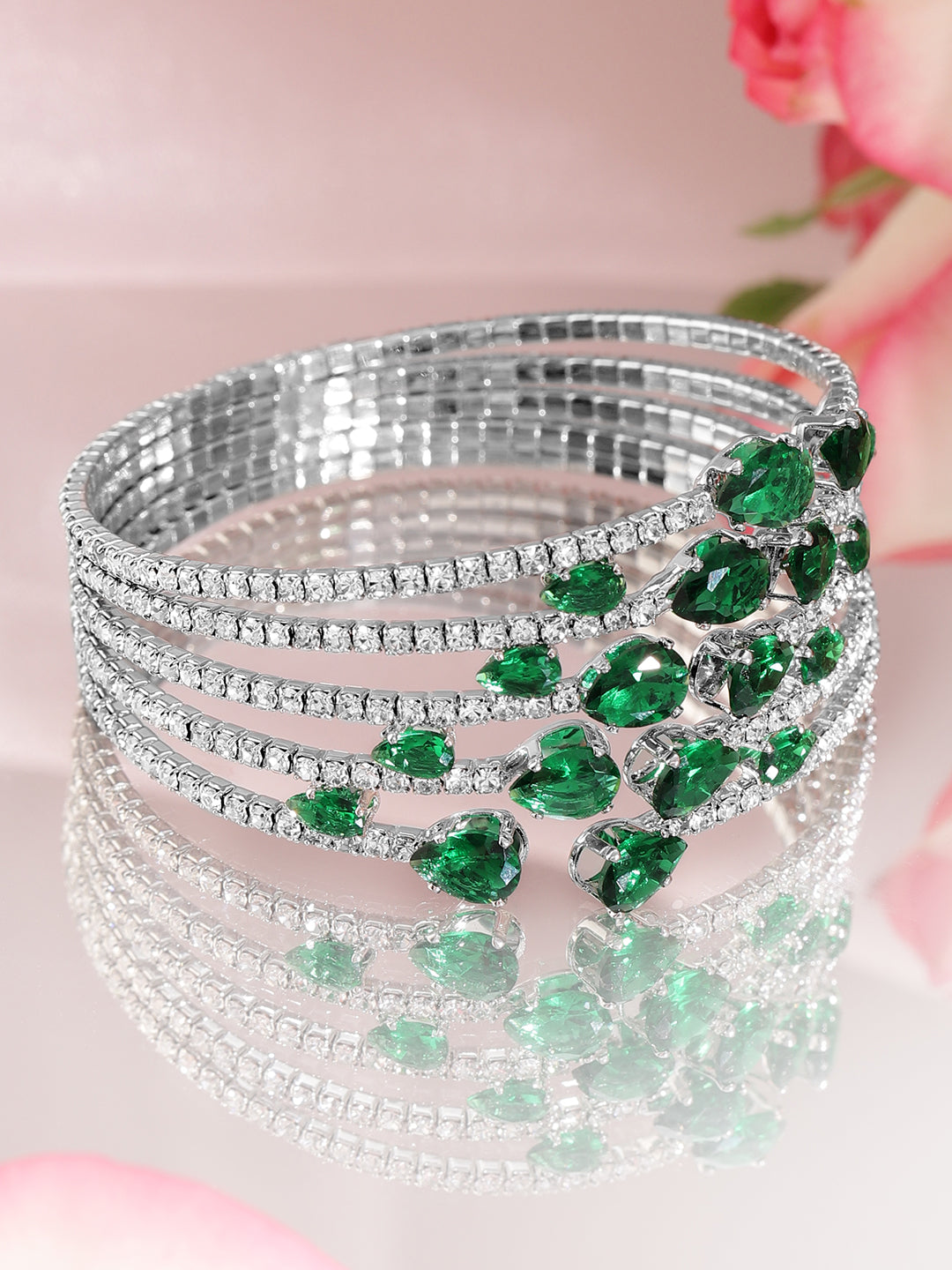 【Rubans】 American Diamond Zirconia Green Bracelet｜ロジウムメッキ グリーン アメリカンダイヤモンド ジルコニア カフブレスレット｜フリーサイズ