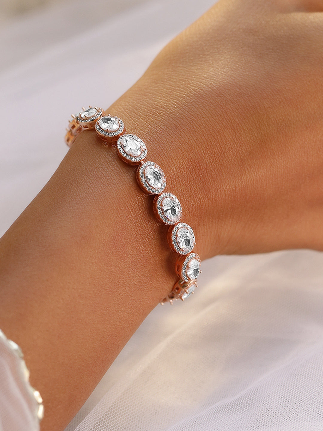 【Rubans】 18K Rose Gold-Plated Oval-Cut AAA Cubic Zirconia Studded Premium Tennis Bracelet｜18Kローズゴールドメッキ オーバルカット AAA キュービックジルコニア プレミアム テニスブレスレット