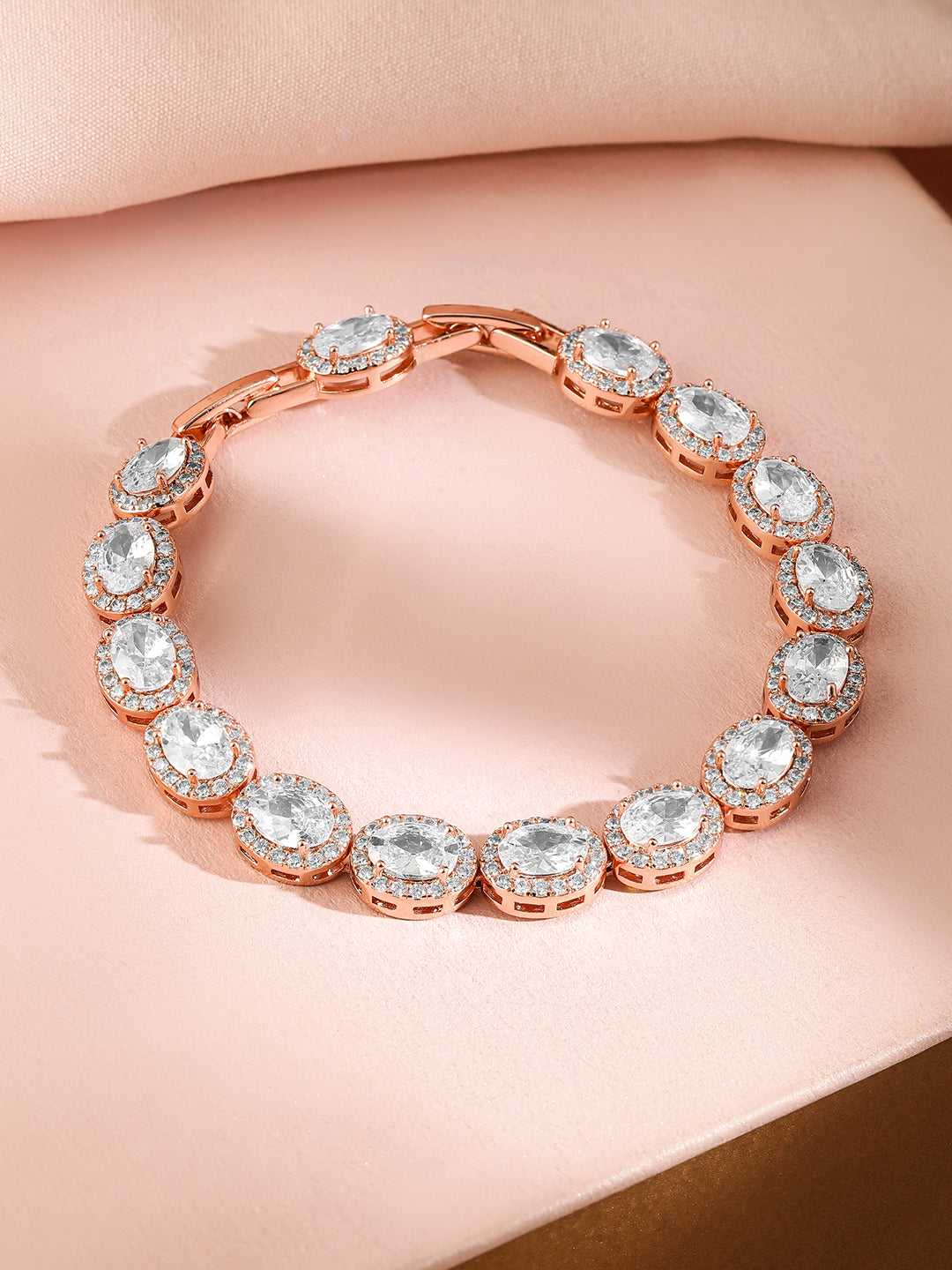 【Rubans】 18K Rose Gold-Plated Oval-Cut AAA Cubic Zirconia Studded Premium Tennis Bracelet｜18Kローズゴールドメッキ オーバルカット AAA キュービックジルコニア プレミアム テニスブレスレット