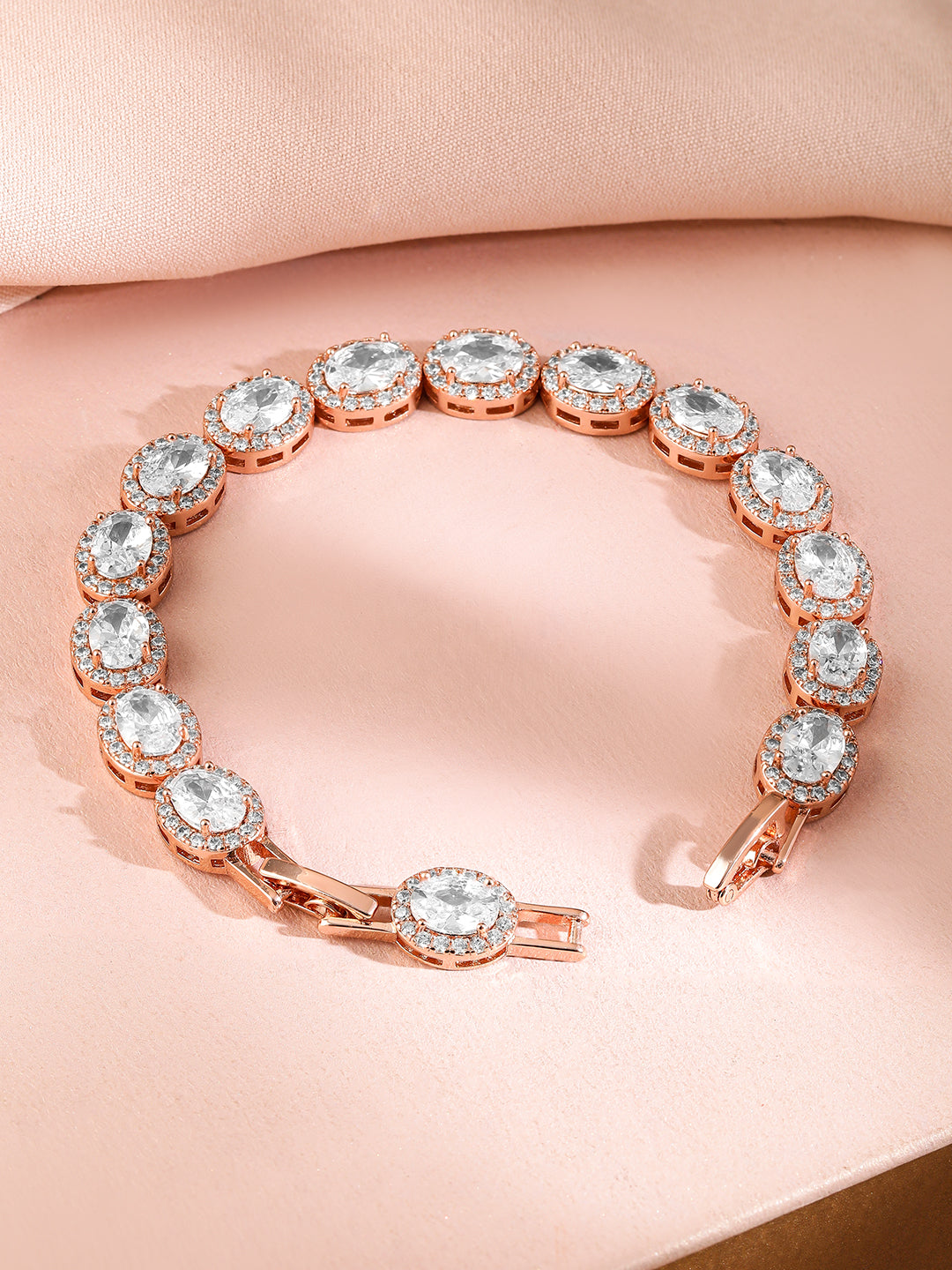 【Rubans】 18K Rose Gold-Plated Oval-Cut AAA Cubic Zirconia Studded Premium Tennis Bracelet｜18Kローズゴールドメッキ オーバルカット AAA キュービックジルコニア プレミアム テニスブレスレット