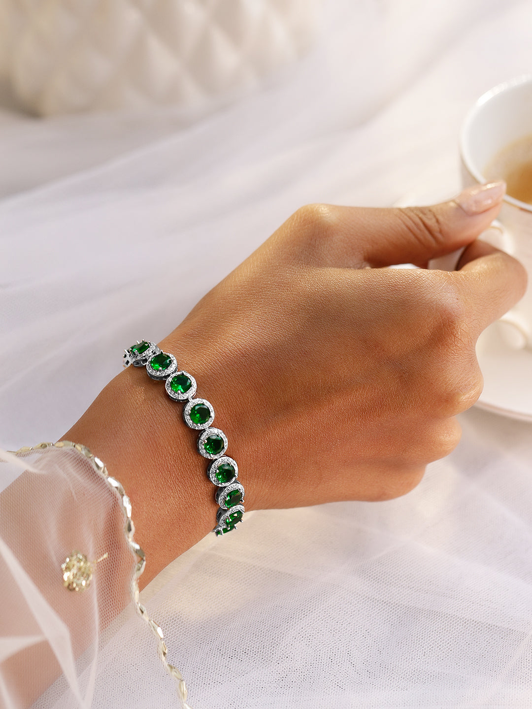 Rubans Rhodium-Plated Emerald Green & AAA Cubic Zirconia Studded Premium Tennis Bracelet Green