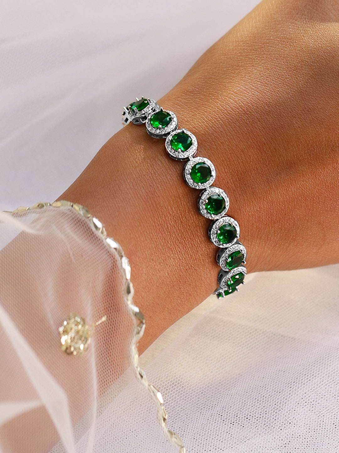 Rubans Rhodium-Plated Emerald Green & AAA Cubic Zirconia Studded Premium Tennis Bracelet Green