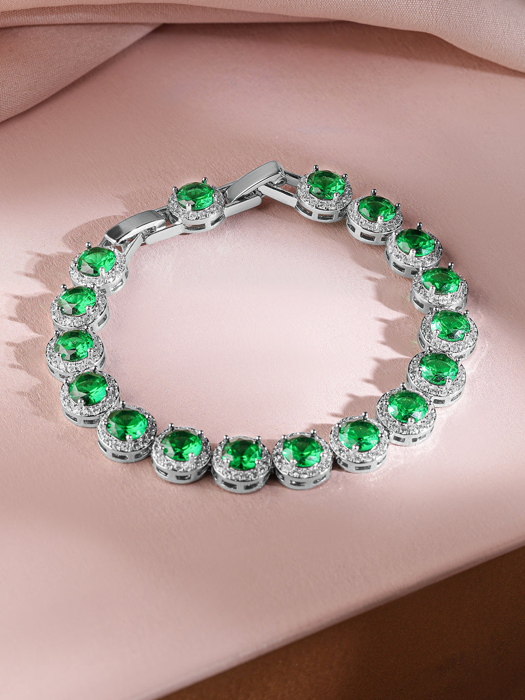 Rubans Rhodium-Plated Emerald Green & AAA Cubic Zirconia Studded Premium Tennis Bracelet Green