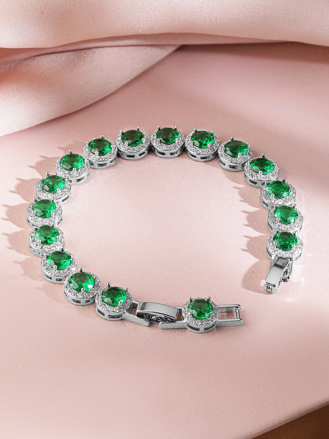 Rubans Rhodium-Plated Emerald Green & AAA Cubic Zirconia Studded Premium Tennis Bracelet Green