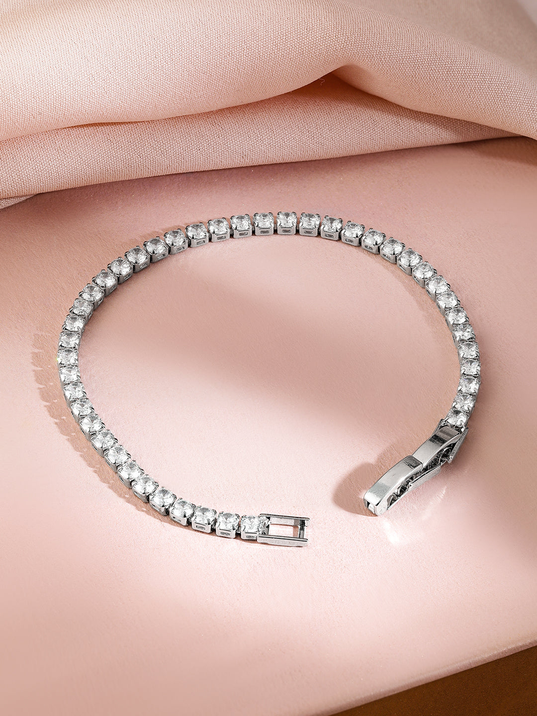 Rubans Rhodium-Plated Cubic Zirconia Studded Premium Tennis Bracelet Silver