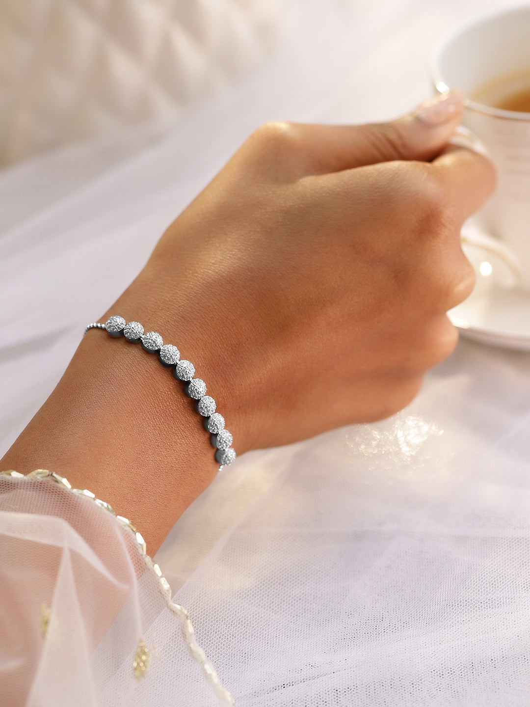 Rubans Rhodium-Plated Adjustable Pull Chain Cubic Zirconia Studded Bracelet Silver