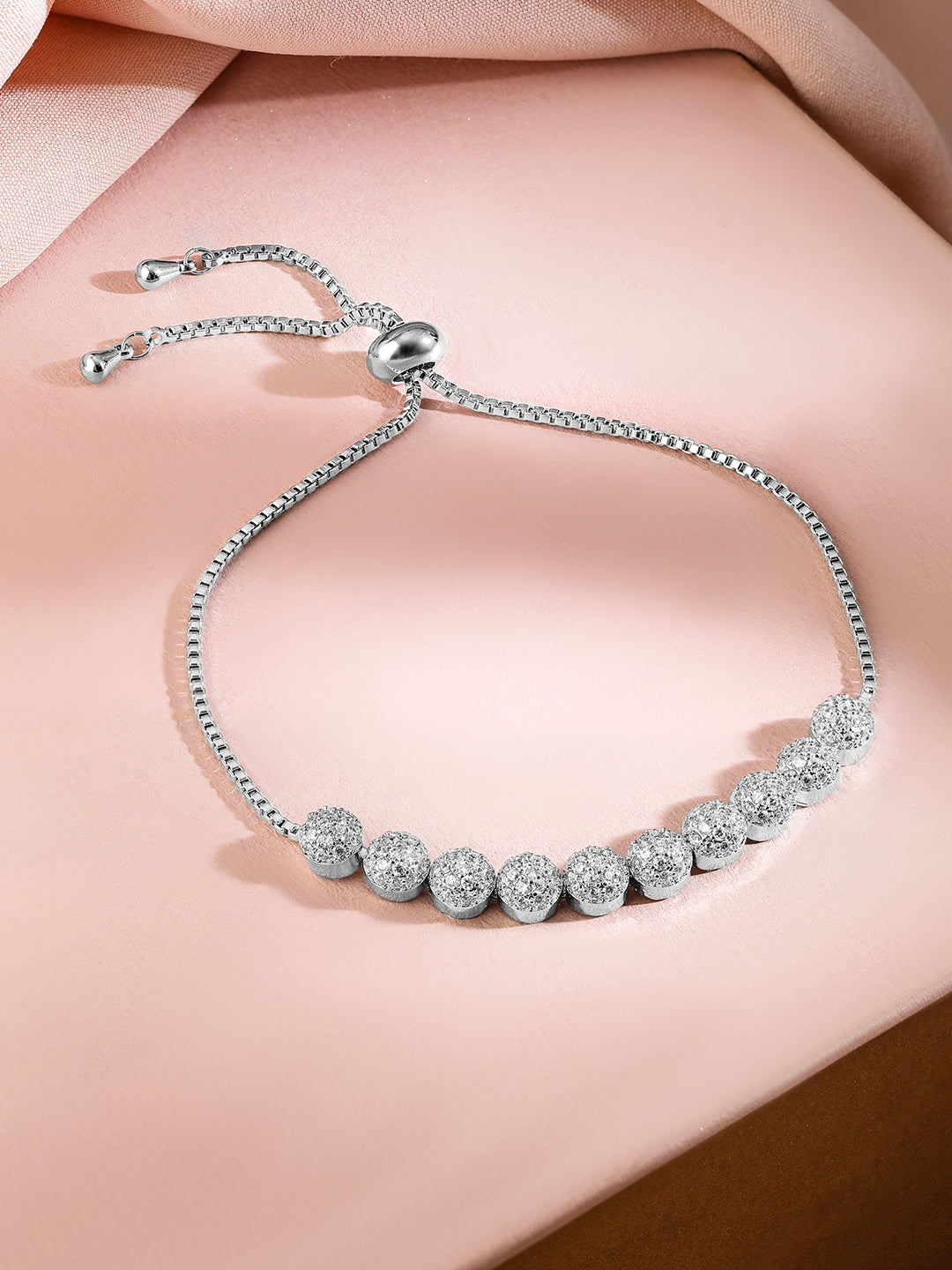 Rubans Rhodium-Plated Adjustable Pull Chain Cubic Zirconia Studded Bracelet Silver