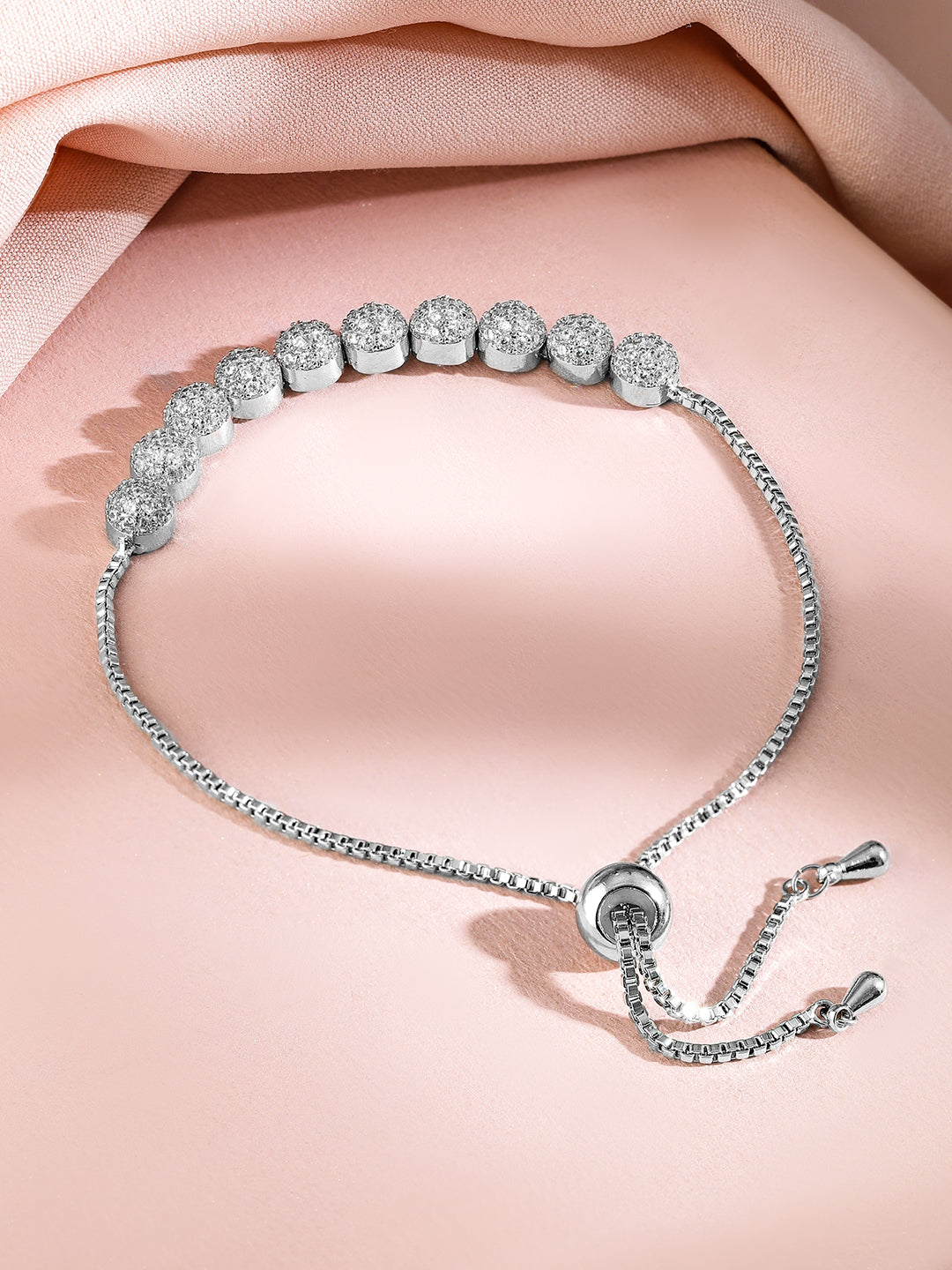 Rubans Rhodium-Plated Adjustable Pull Chain Cubic Zirconia Studded Bracelet Silver