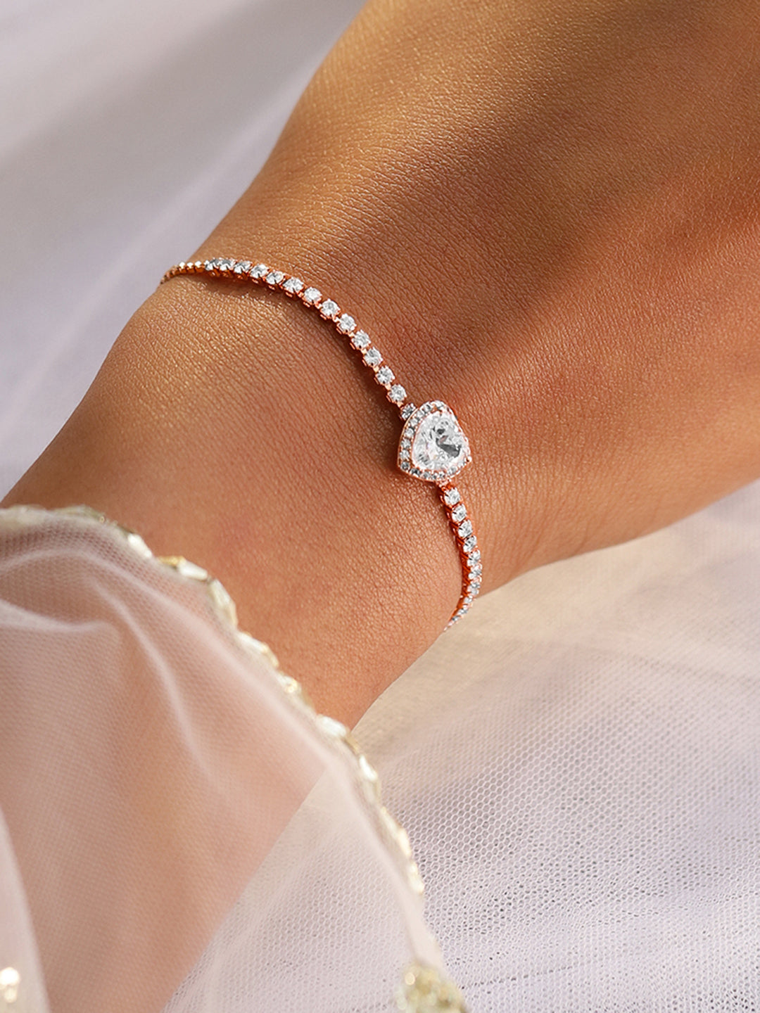 Rubans 18K Rose Gold-Plated Heart-Cut Cubic Zirconia Adjustable Pull Chain Tennis Bracelet Rose Gold