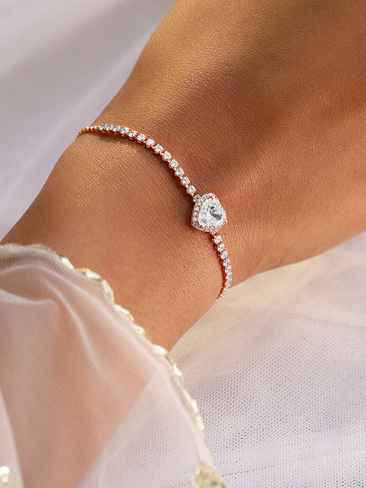 Rubans 18K Rose Gold-Plated Heart-Cut Cubic Zirconia Adjustable Pull Chain Tennis Bracelet Rose Gold
