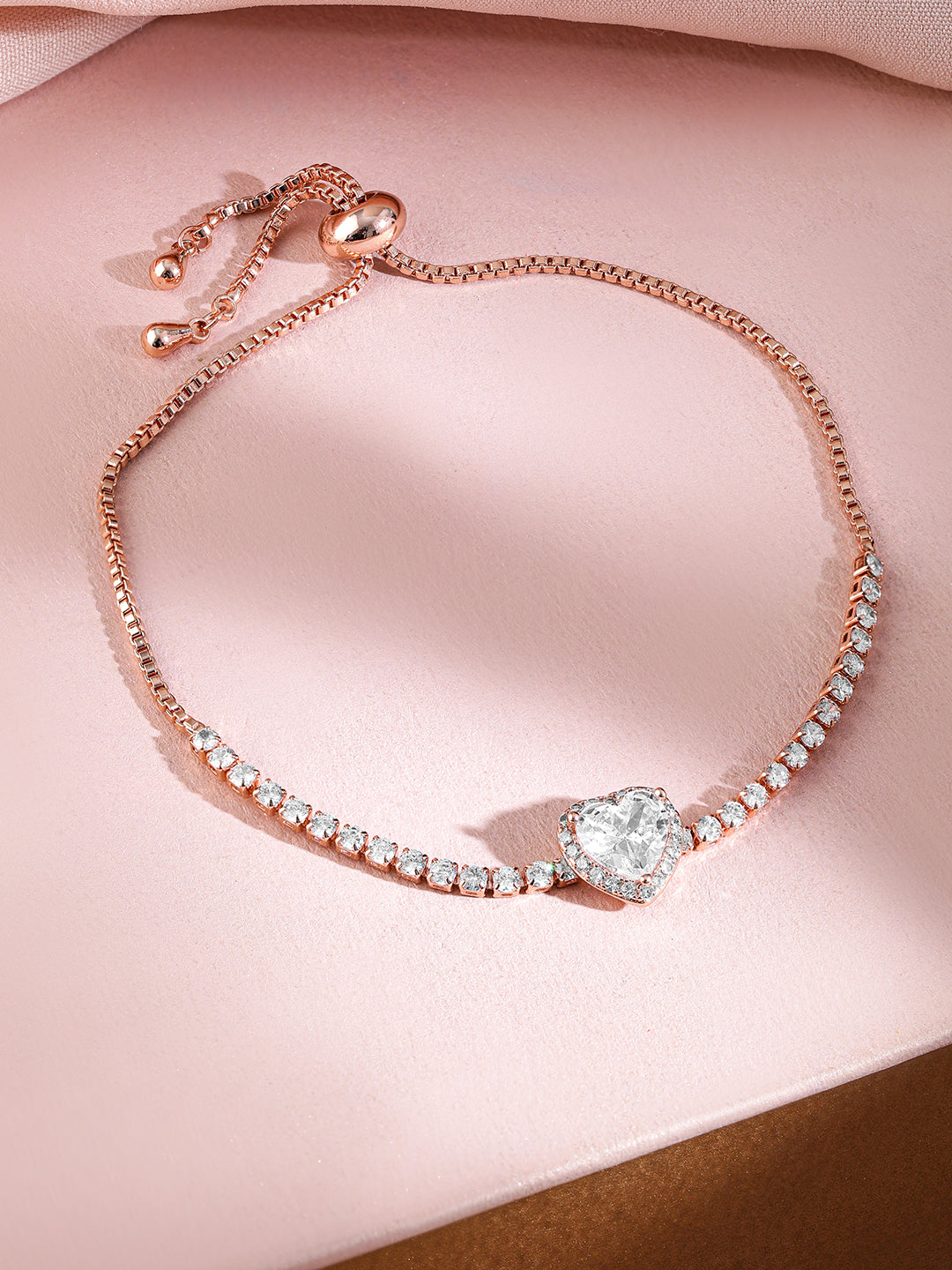 Rubans 18K Rose Gold-Plated Heart-Cut Cubic Zirconia Adjustable Pull Chain Tennis Bracelet Rose Gold