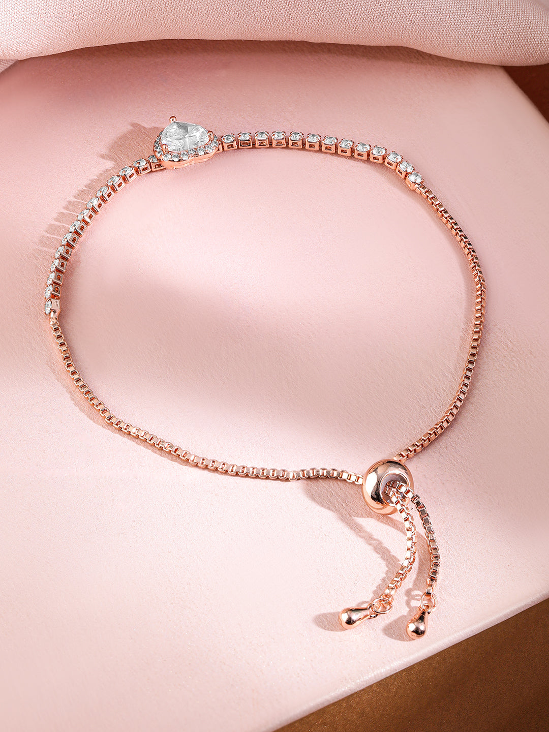 Rubans 18K Rose Gold-Plated Heart-Cut Cubic Zirconia Adjustable Pull Chain Tennis Bracelet Rose Gold