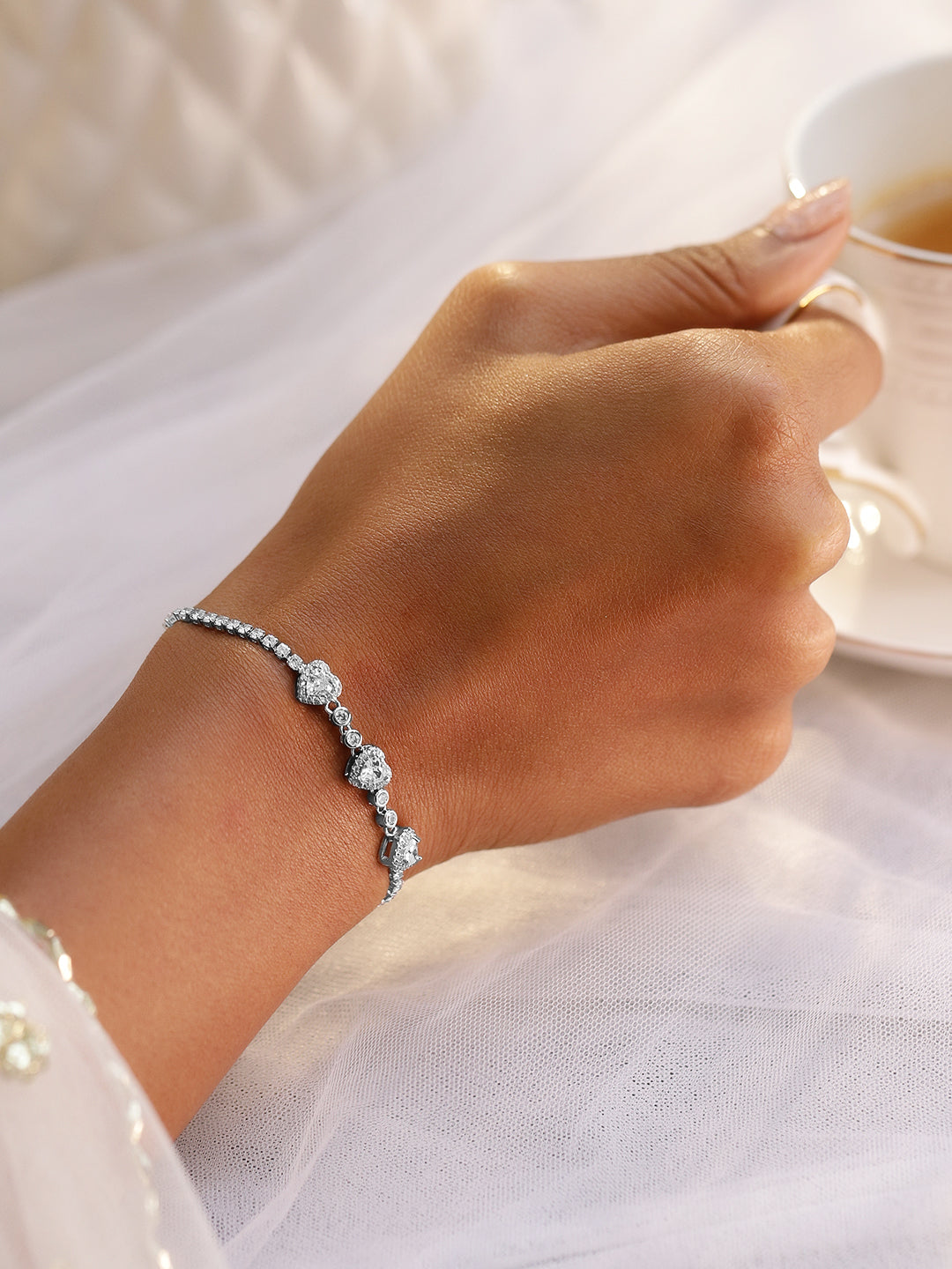 Heart filled American Diamond Zirconia Bracelet Silver