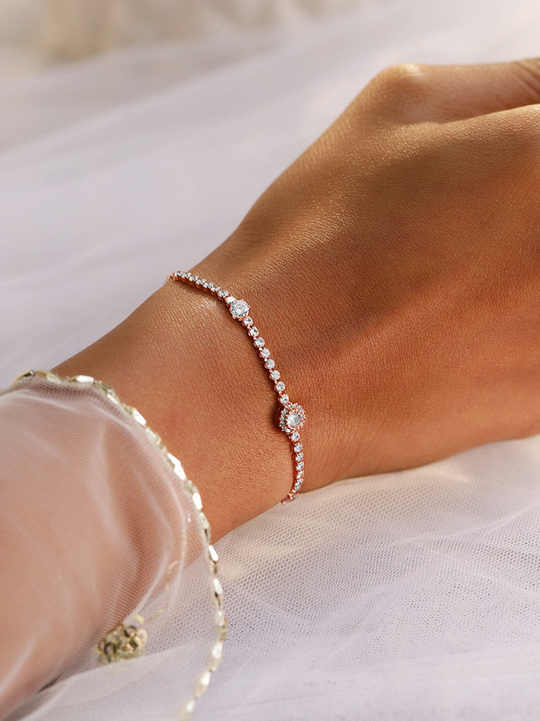 【Rubans】 18K Rose Gold-Plated Cubic Zirconia Studded Tennis Bracelet｜18Kローズゴールドメッキ キュービックジルコニア テニスブレスレット