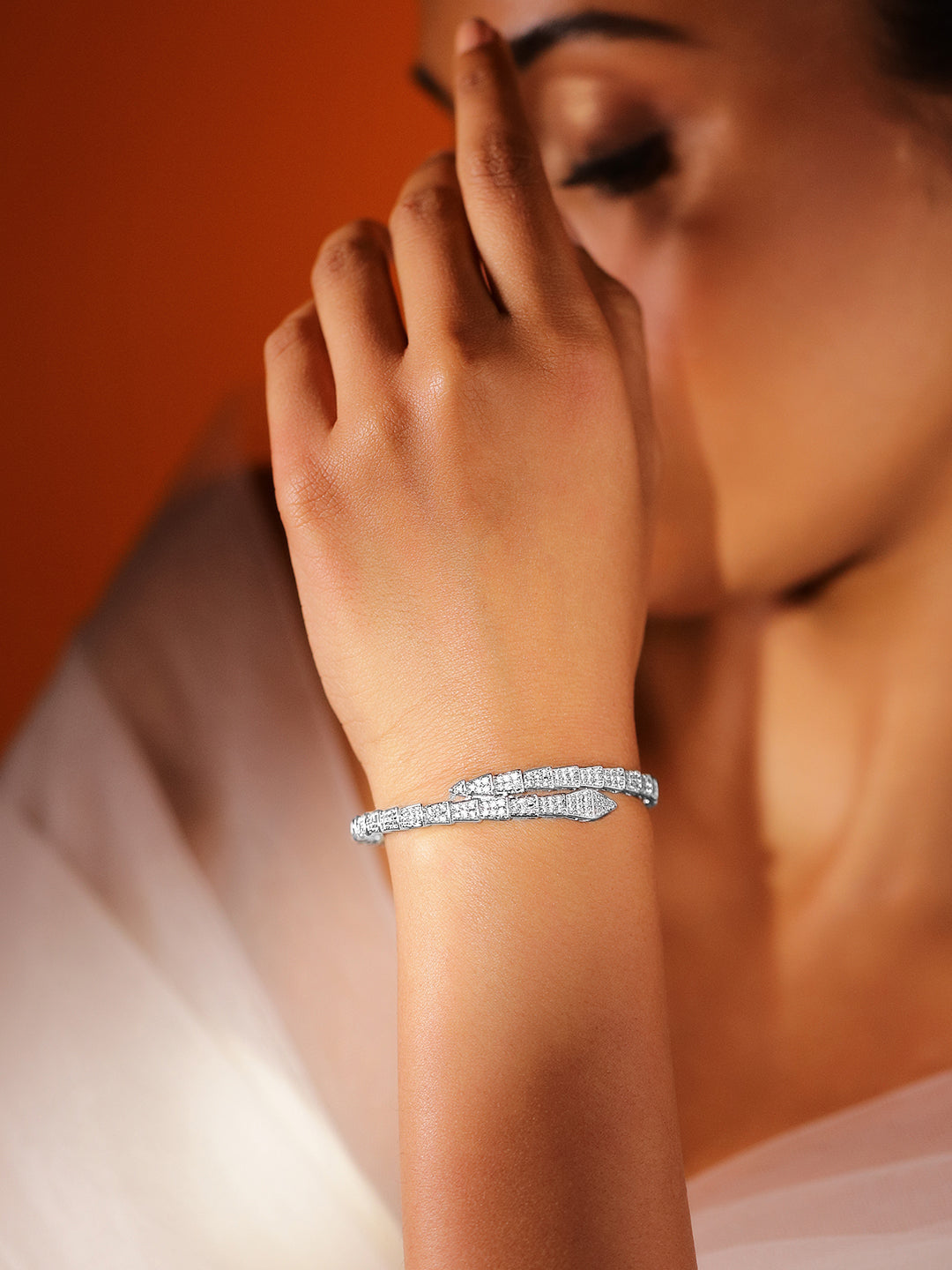 Rubans Rhodium-Plated Double-Layer Snake Design Openable Bracelet with Cubic Zirconia Silver