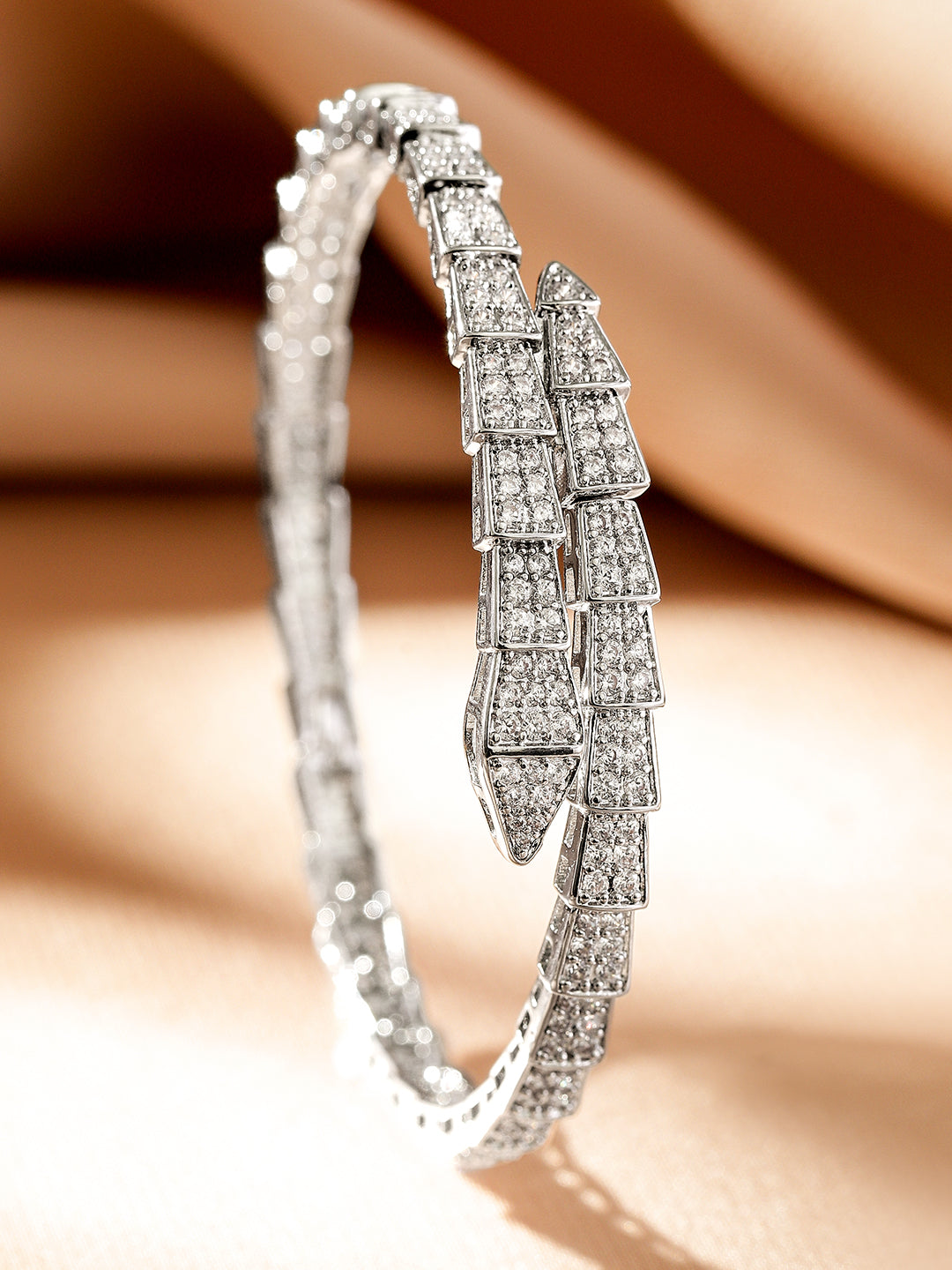 Rubans Rhodium-Plated Double-Layer Snake Design Openable Bracelet with Cubic Zirconia Silver