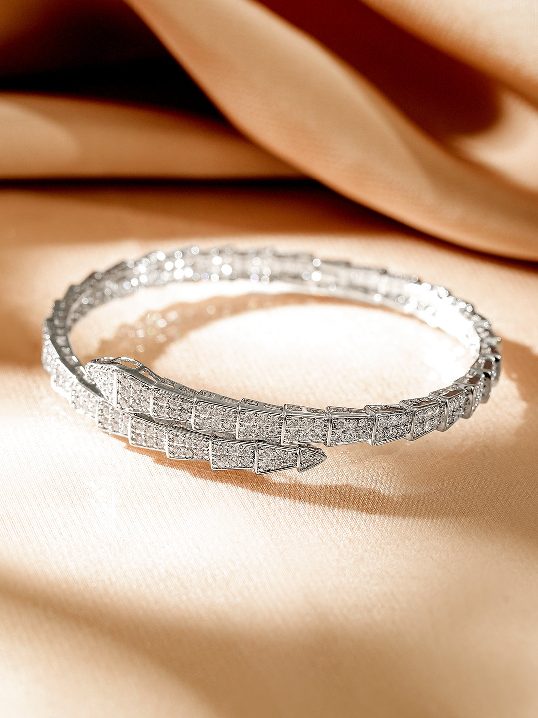 Rubans Rhodium-Plated Double-Layer Snake Design Openable Bracelet with Cubic Zirconia Silver