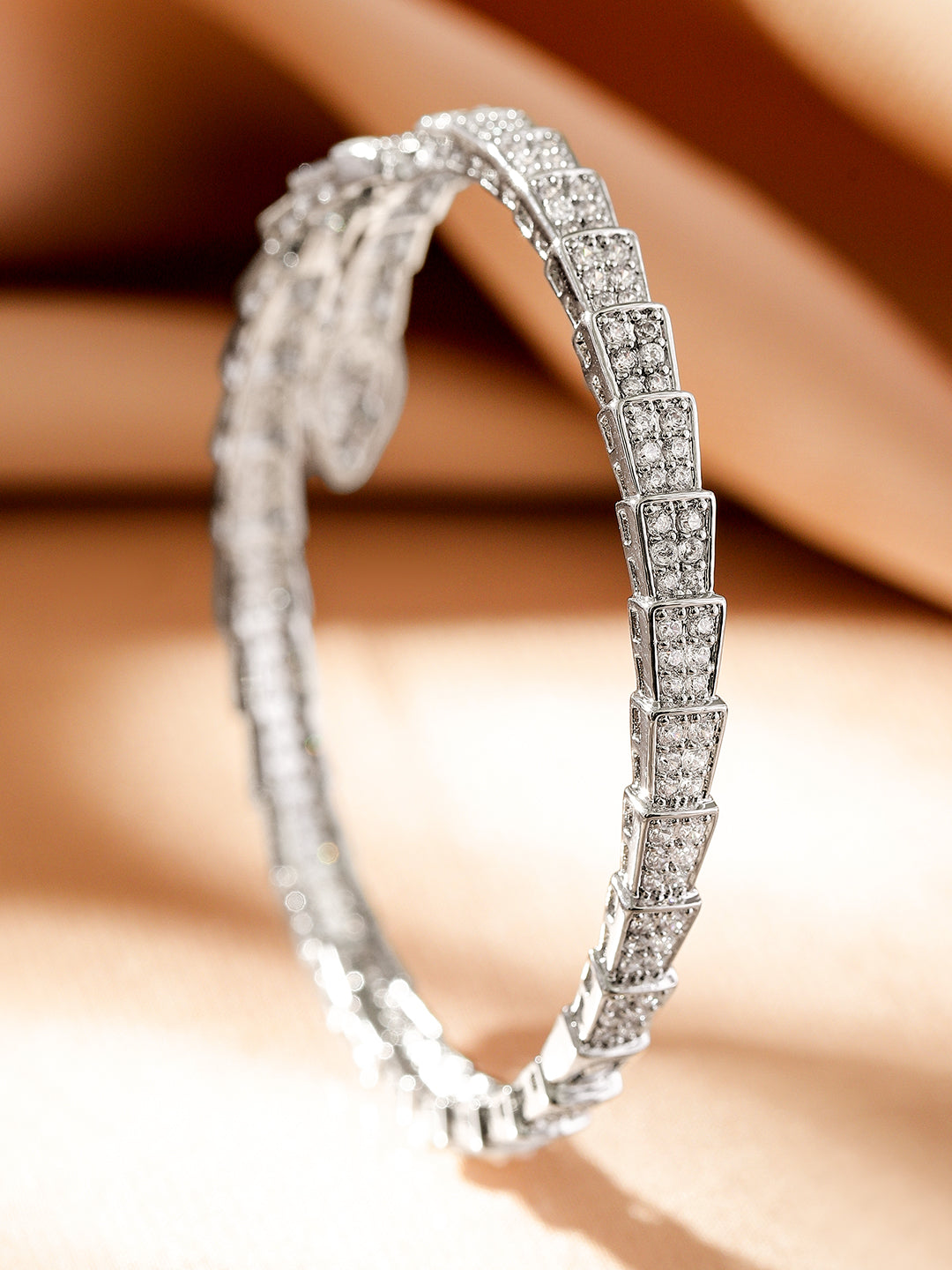 Rubans Rhodium-Plated Double-Layer Snake Design Openable Bracelet with Cubic Zirconia Silver