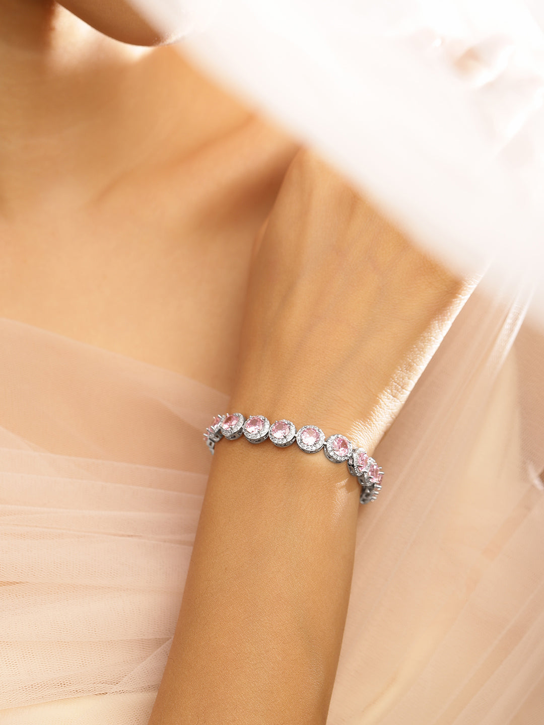 Rubans Rhodium Plated Sparkling pink round-cut Cubic Zirconia Studded Premium Tennis Bracelet Silver