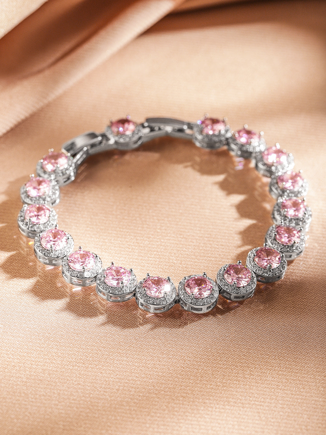 Rubans Rhodium Plated Sparkling pink round-cut Cubic Zirconia Studded Premium Tennis Bracelet Silver