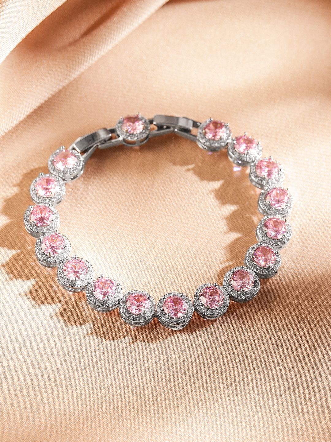 Rubans Rhodium Plated Sparkling pink round-cut Cubic Zirconia Studded Premium Tennis Bracelet Silver