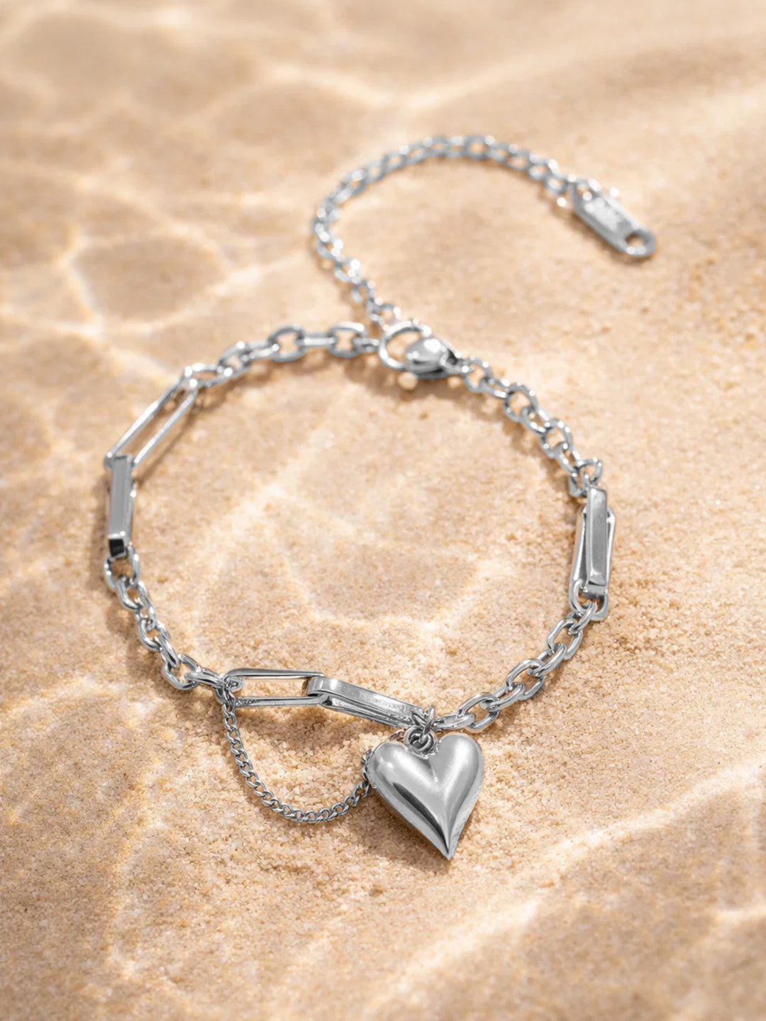 Demi Fine Rhodium Plated Stainless steel Heart Charm Link Chain Bracelet Length - 16.5 cm