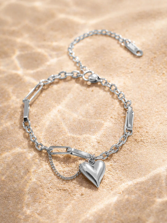Demi Fine Rhodium Plated Stainless steel Heart Charm Link Chain Bracelet Length - 16.5 cm