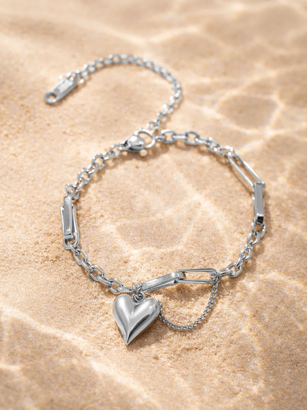 Demi Fine Rhodium Plated Stainless steel Heart Charm Link Chain Bracelet Length - 16.5 cm