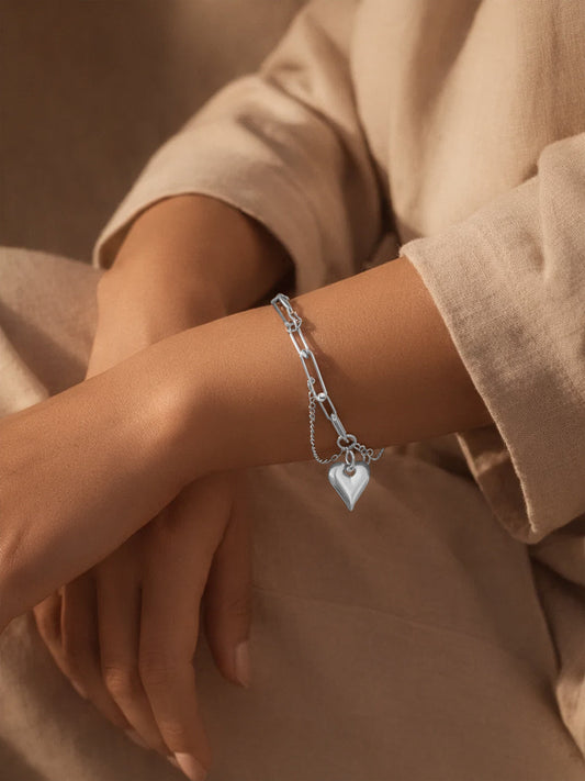 Demi Fine Rhodium Plated Stainless steel Heart Charm Link Chain Bracelet Length - 16.5 cm