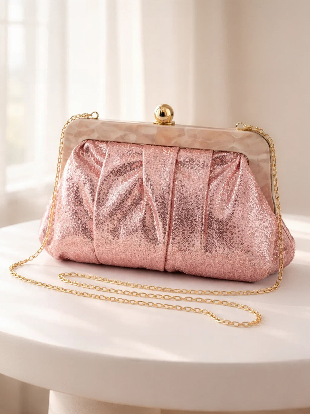 Blush Pink Sequin Draped Frame Clutch フリーサイズ