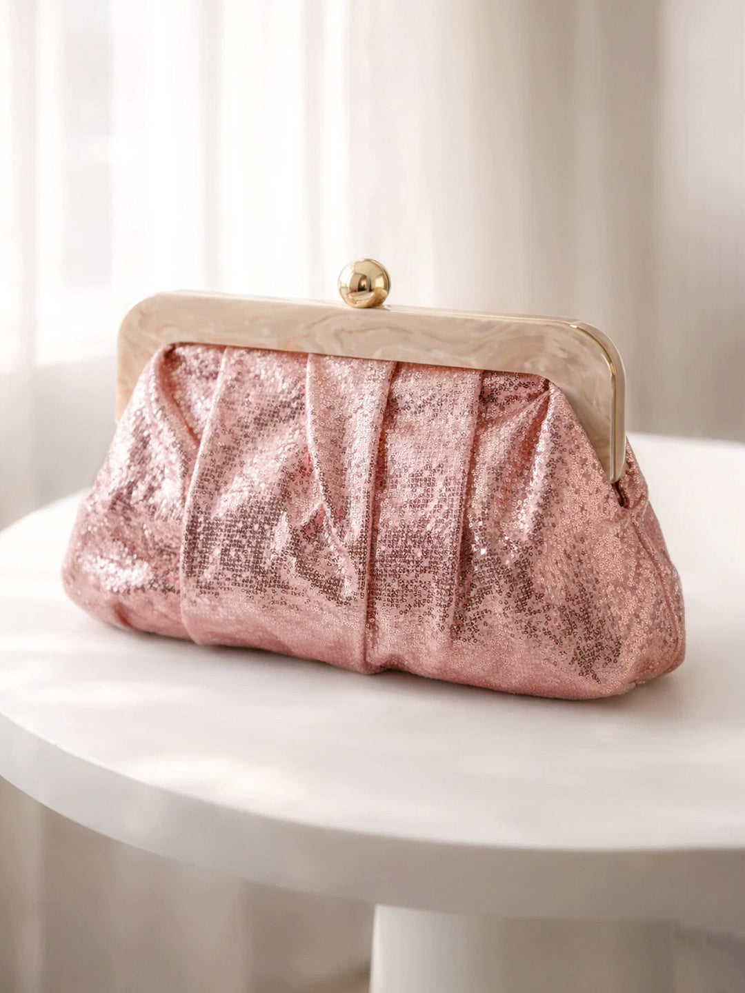 Blush Pink Sequin Draped Frame Clutch フリーサイズ