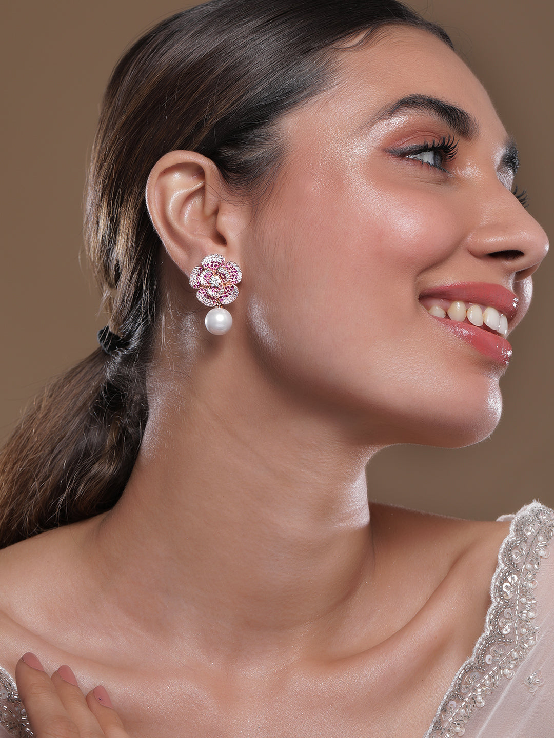 Delicate American Diamond Zirconia Flower Pearl Earrings Rose Gold