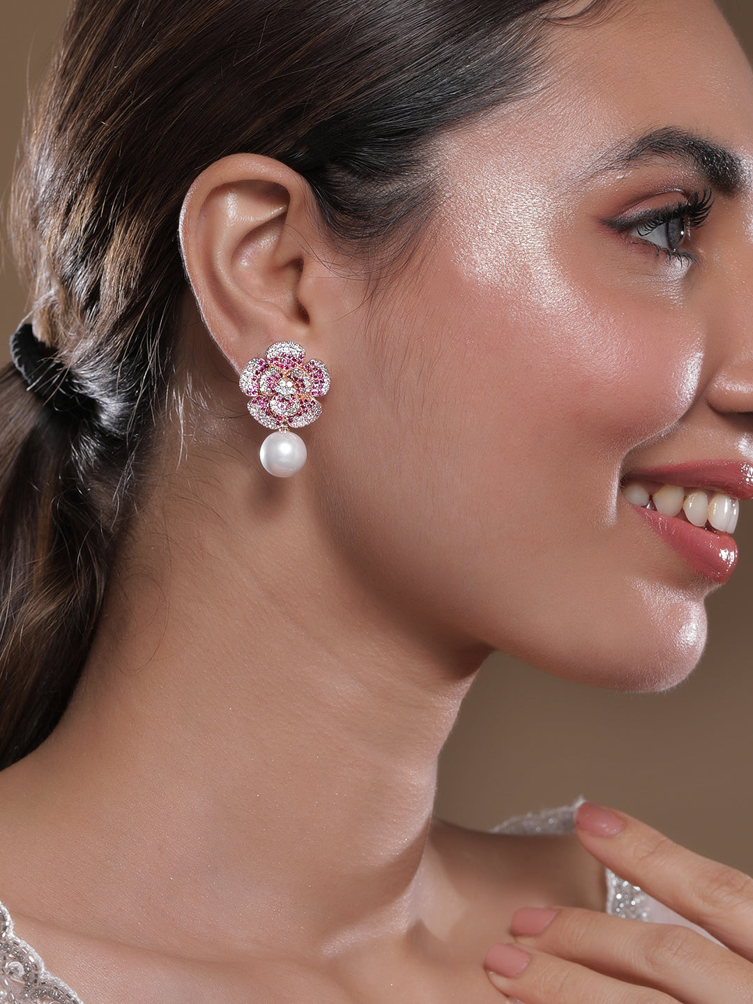 Delicate American Diamond Zirconia Flower Pearl Earrings Rose Gold