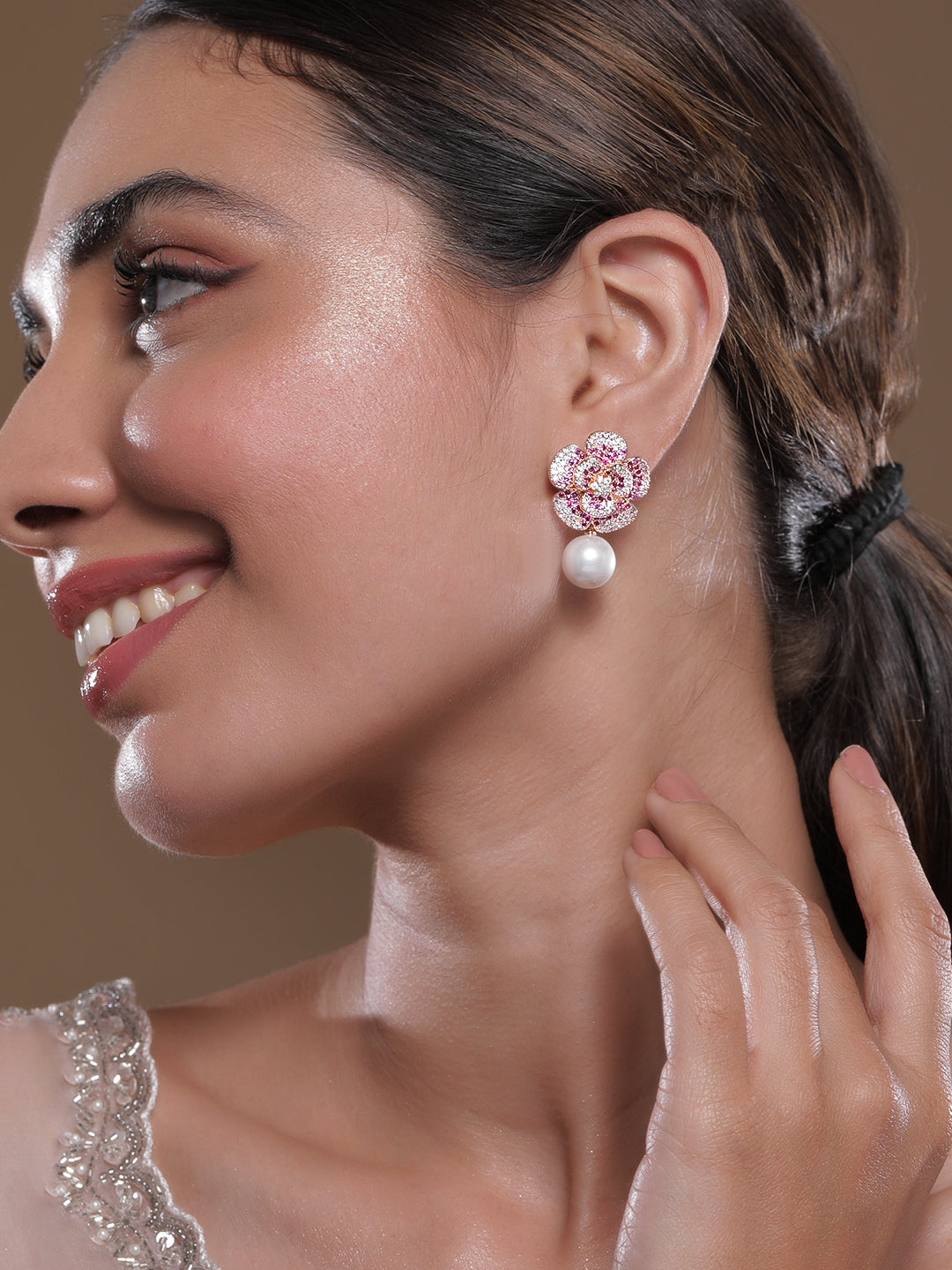Delicate American Diamond Zirconia Flower Pearl Earrings Rose Gold
