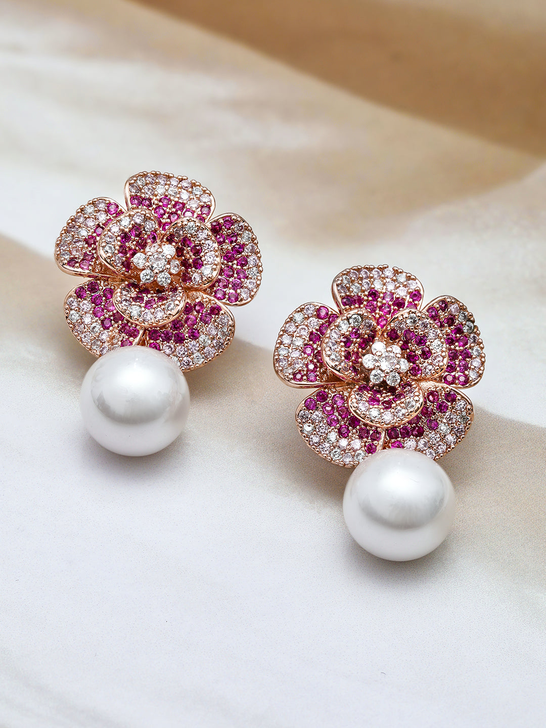 Delicate American Diamond Zirconia Flower Pearl Earrings Rose Gold